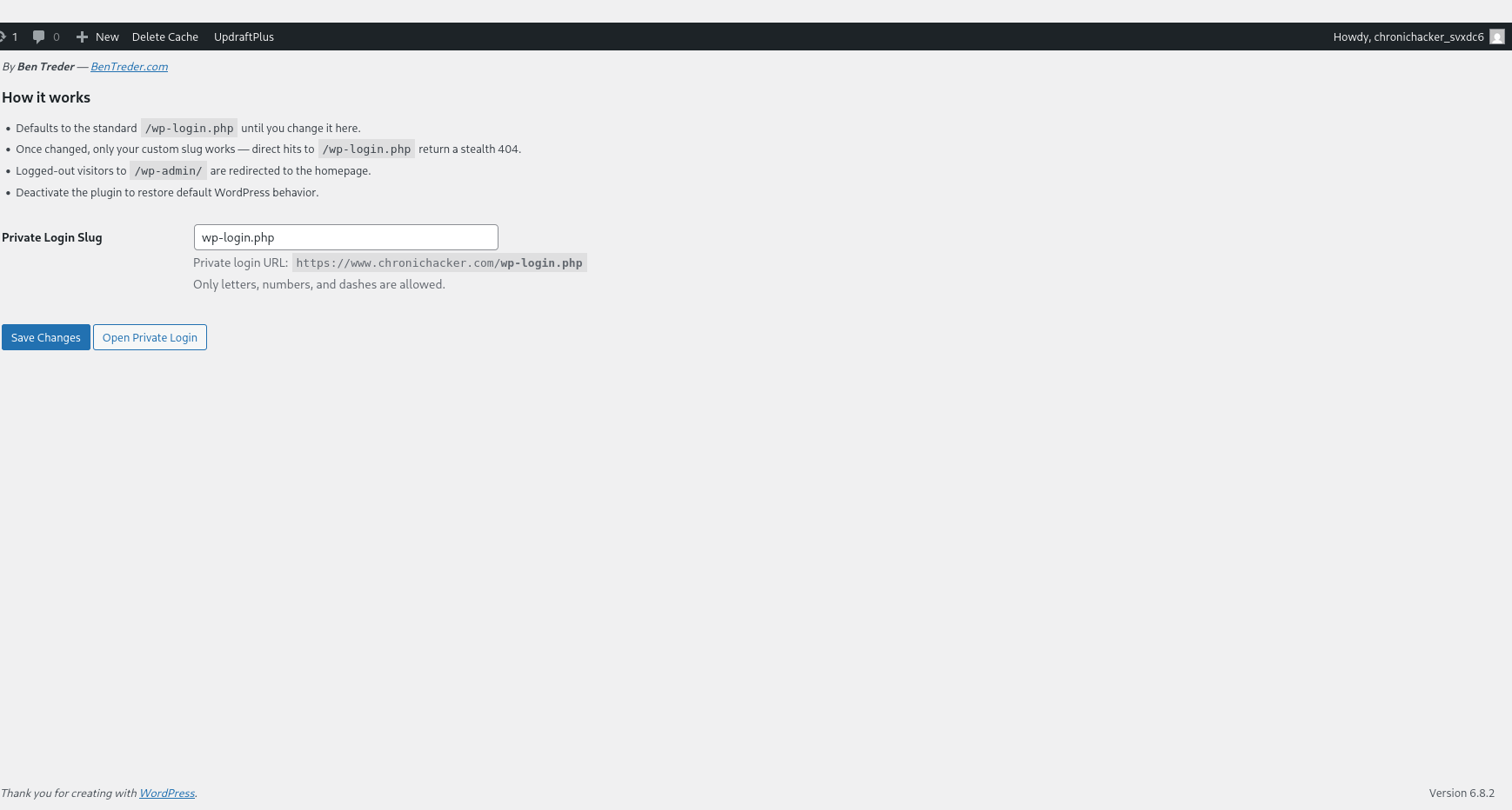 Settings page with default slug /wp-login.php
