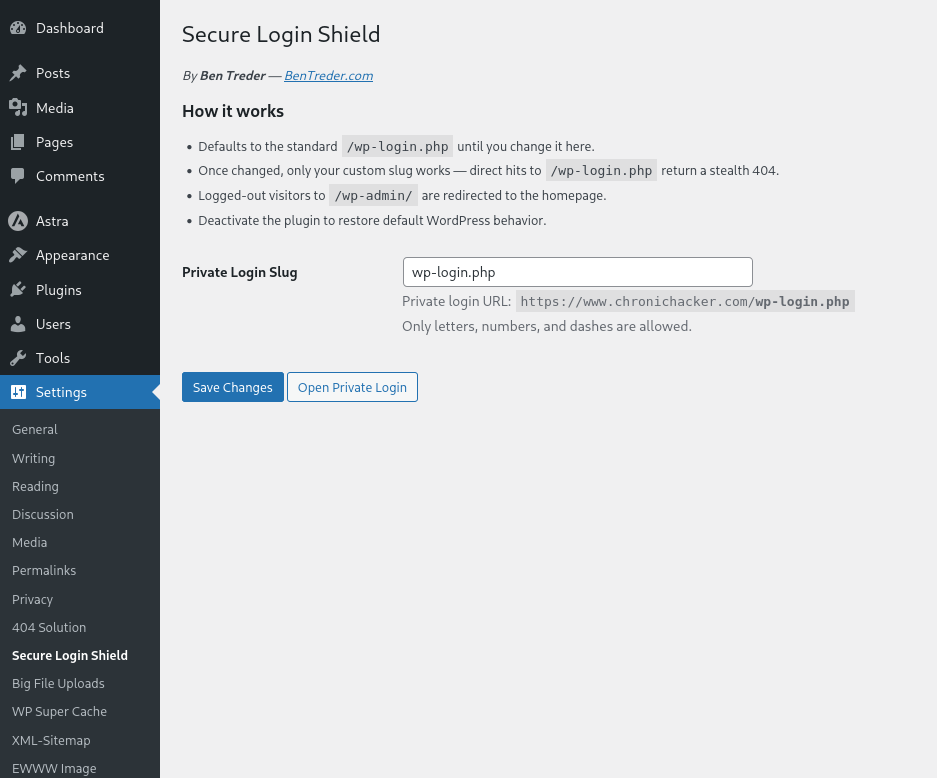 Settings page with private slug /dragon-lair